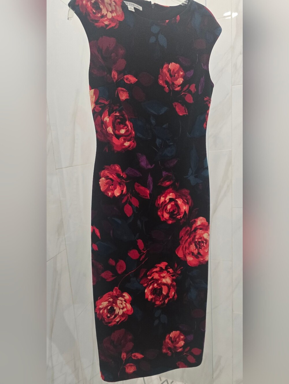Maggy London Black & Orange Floral Midi Sheath-Pencil Dress, Sleeveless, Sz: 4